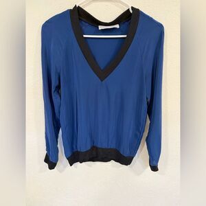 Amanda Uprichard Blue Silk V-Neck Top w/ Black Trim XS